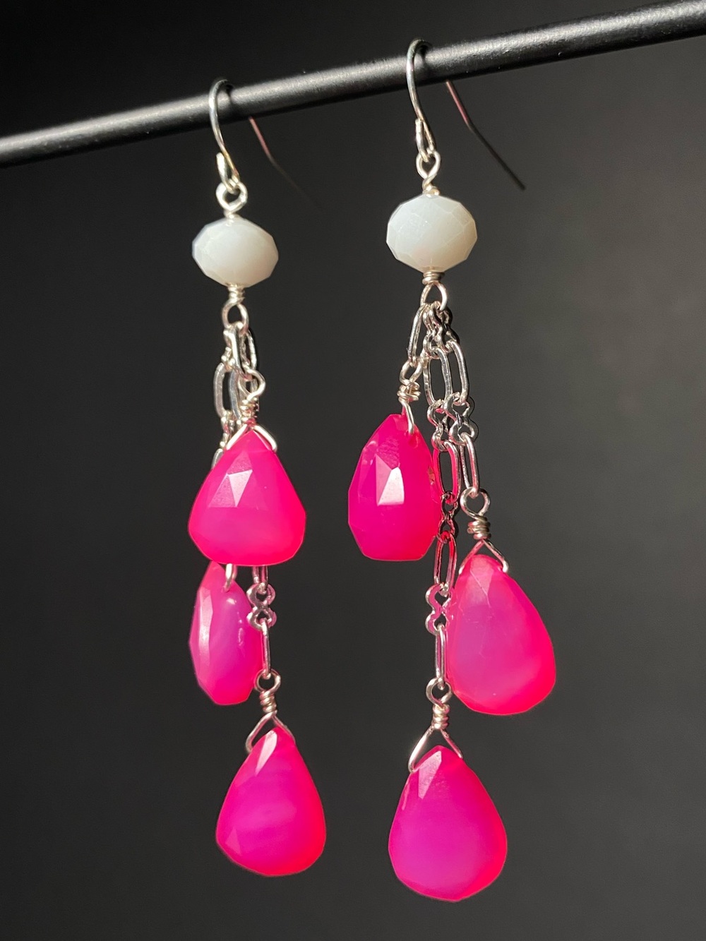Pink Chalcedony & White Crystal Earrings